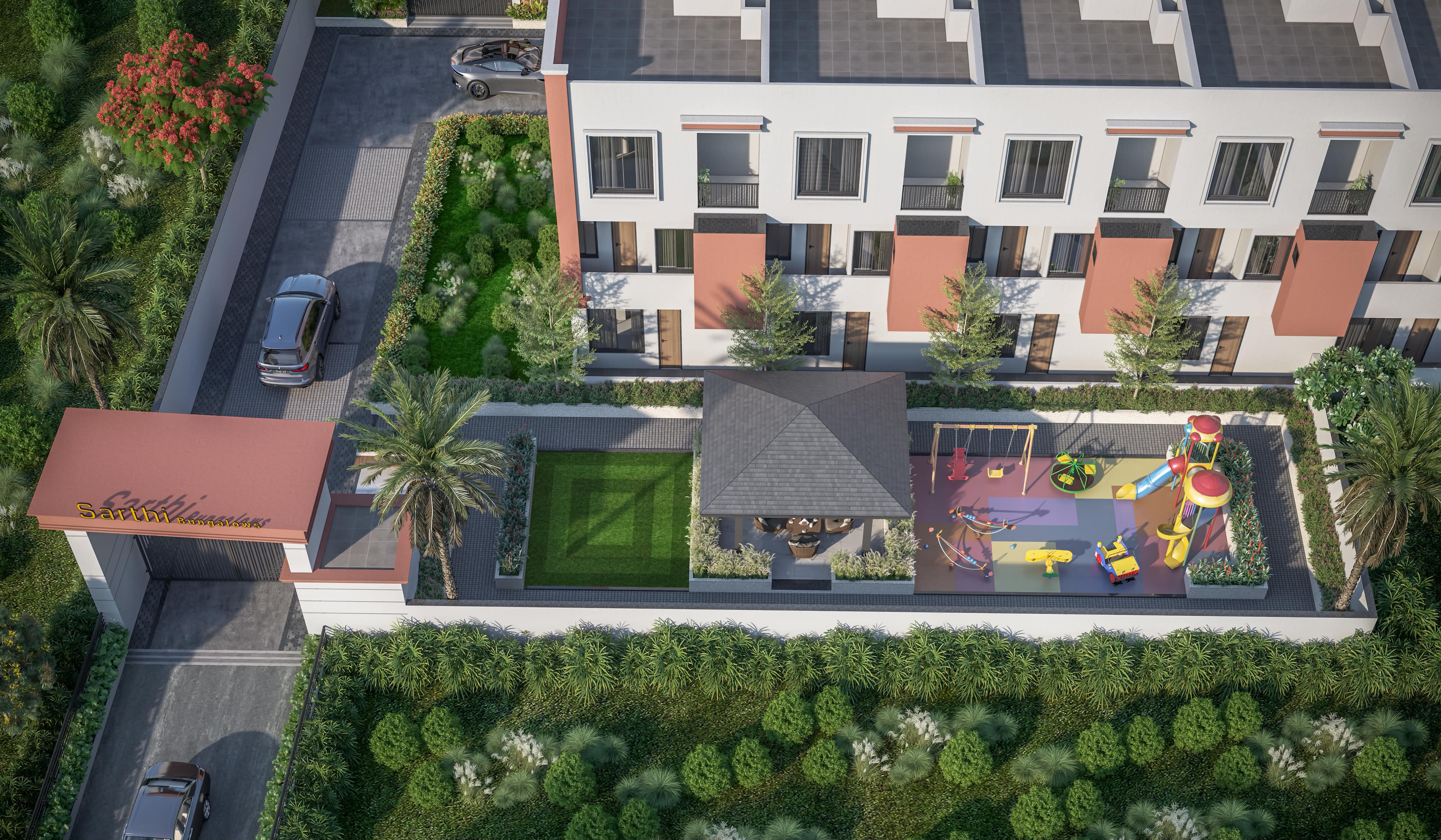 Aerial view of Sarthi Bungalows campus with play area and garden